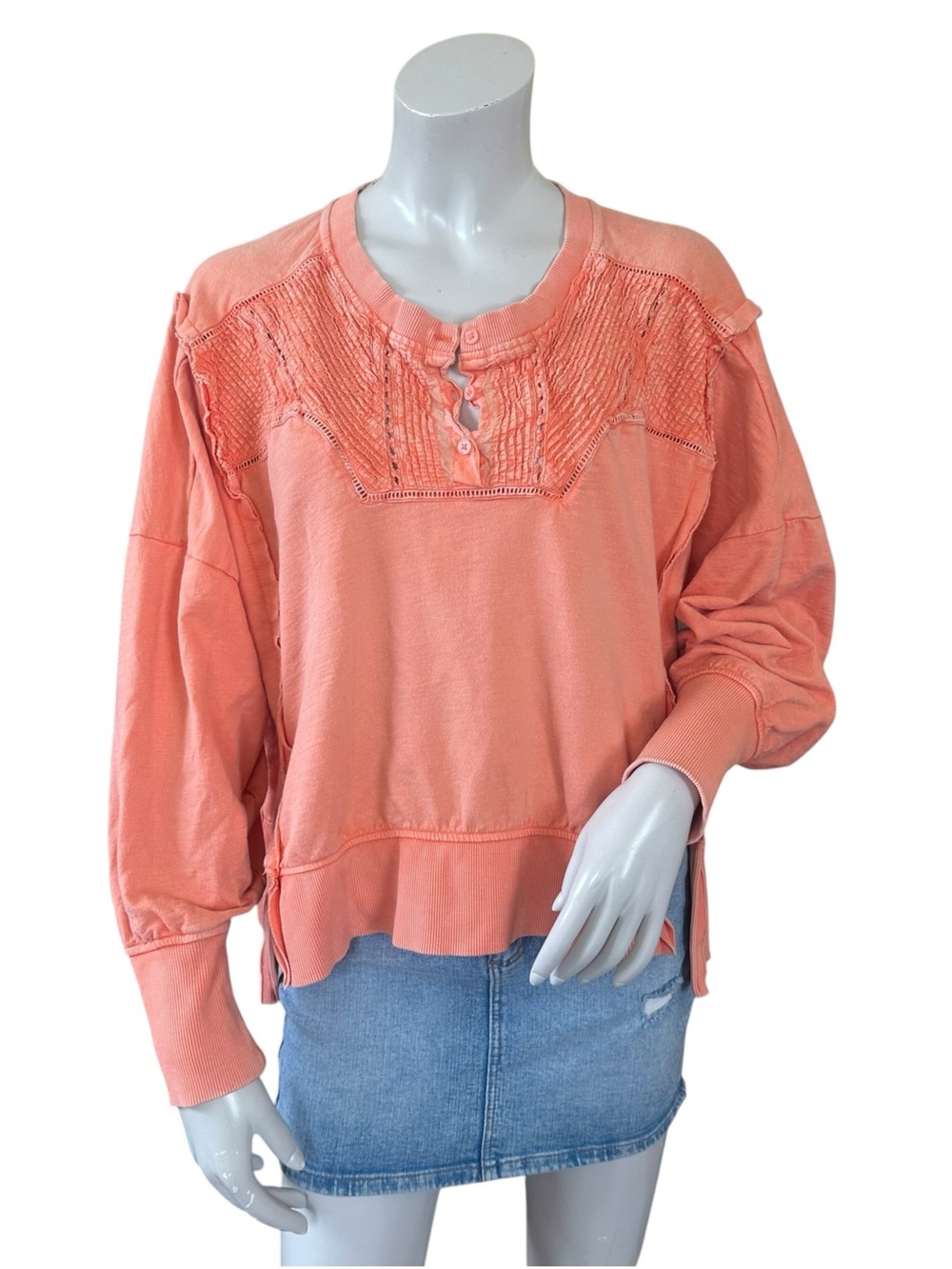 Anthropologie Pilcro Peach Orange Pintuck Henley Cotton Sweatshirt Blouse Small